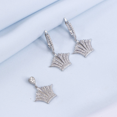 نیم ست نقره زنانه طرح تاج مدل و قالب طلا سفید کد 16345