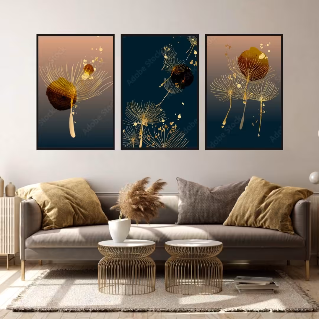 تابلو دکوراتیو قاصدک های طلایی وزمینه سبز سه تکه 