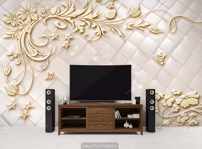 پوستر دیواری پشت تلویزیون گل خطی کرمی BA-9049