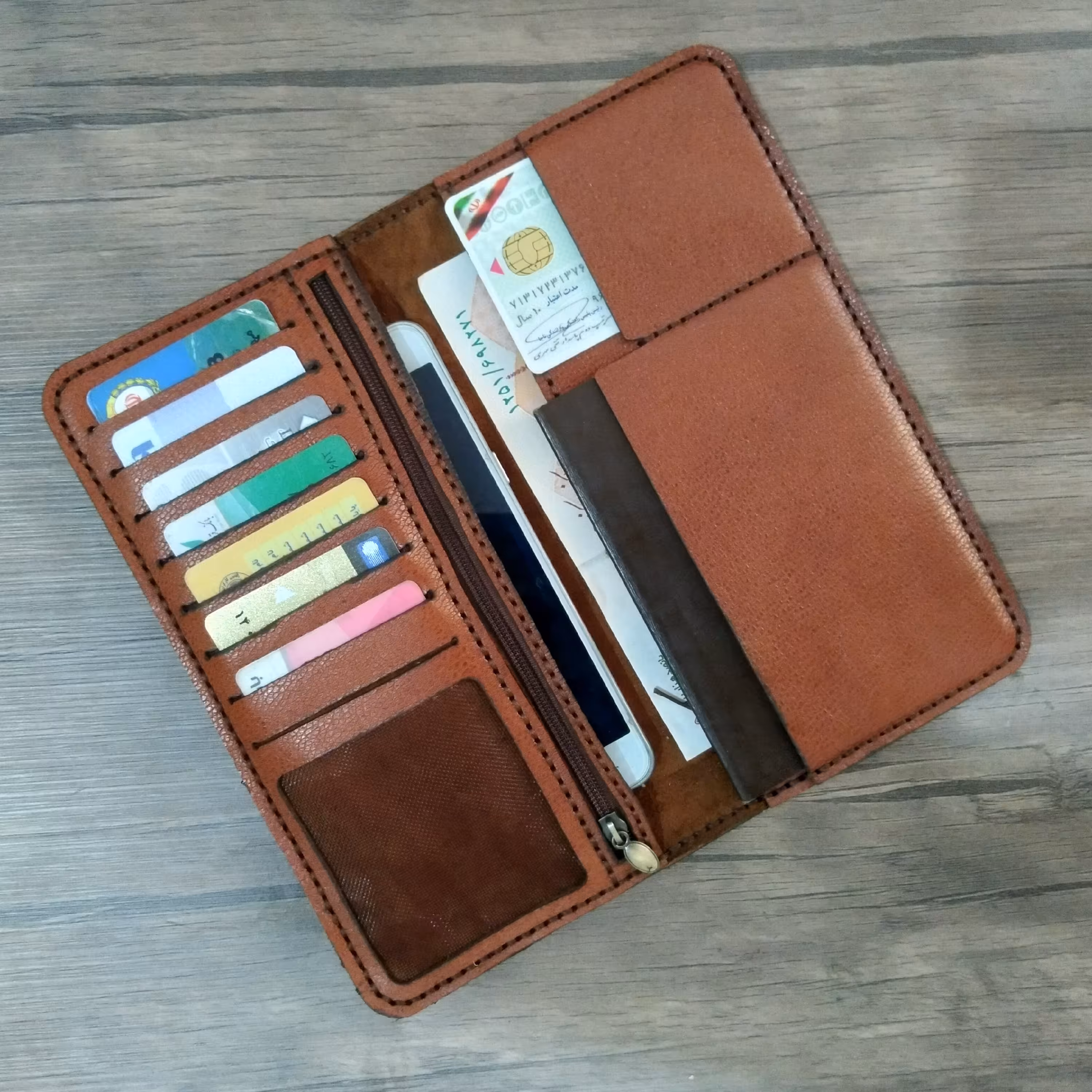 کیف پول دستدوز چرم طبیعی بز