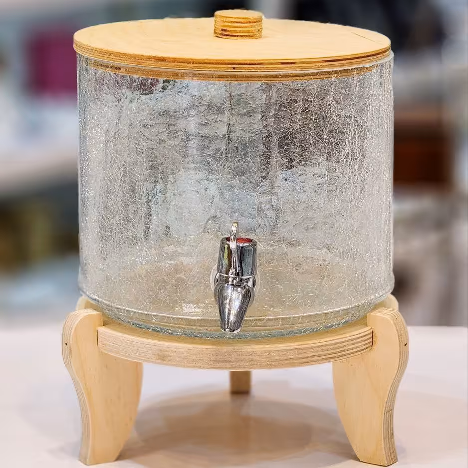 کلمن یک طبقه شیشه ای با درب و پایه چوبی ظرفیت 4.5 لیتر با شیر ضمانتی