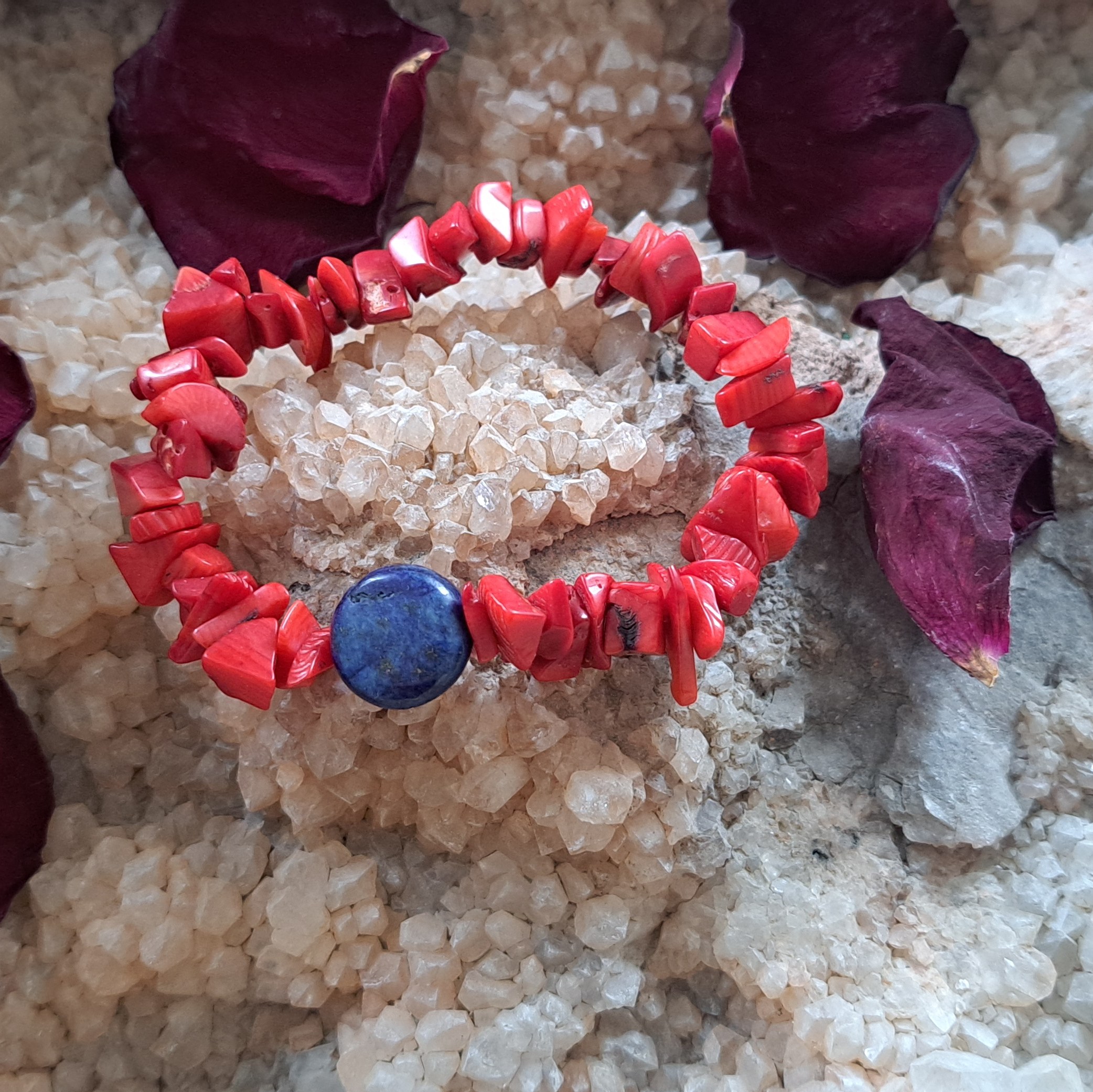 دستبند سنگ طبیعی  مرجان و لاجورد