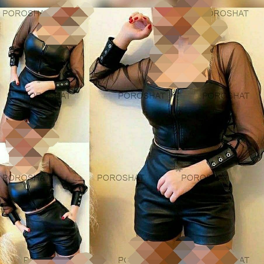 ست تاپ شرتک چرم توردار براق زنانه