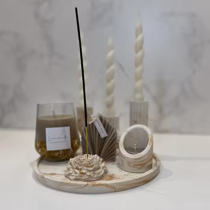 ست دکوری سنگی و شمع رنگ سفید طلایی 