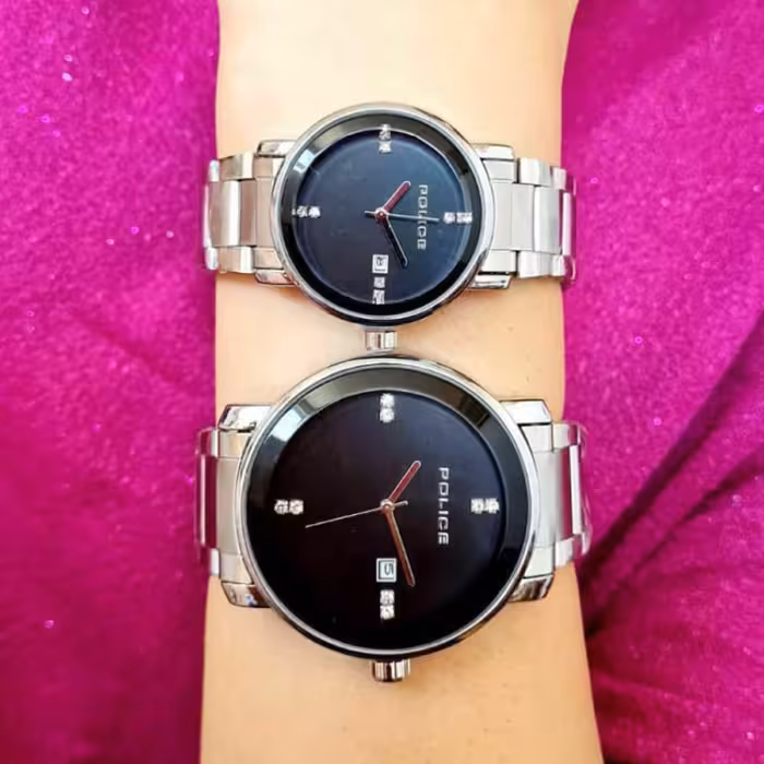 ست ساعت مچی عقربه ایی استیل رنگ ثابت طرح POLICE  با جعبه چوبی