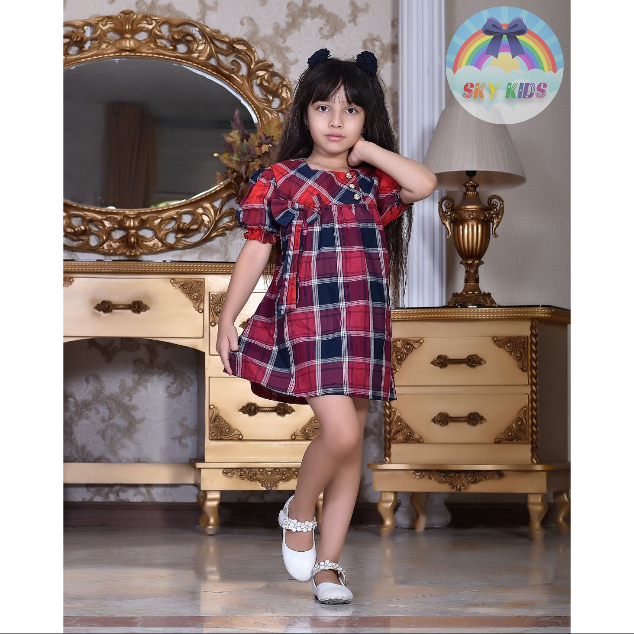 پیراهن دخترانه مجلسی چهارخانه زرشکی قرمز نخی آستردار نیم آستین 2 تا 6 سال