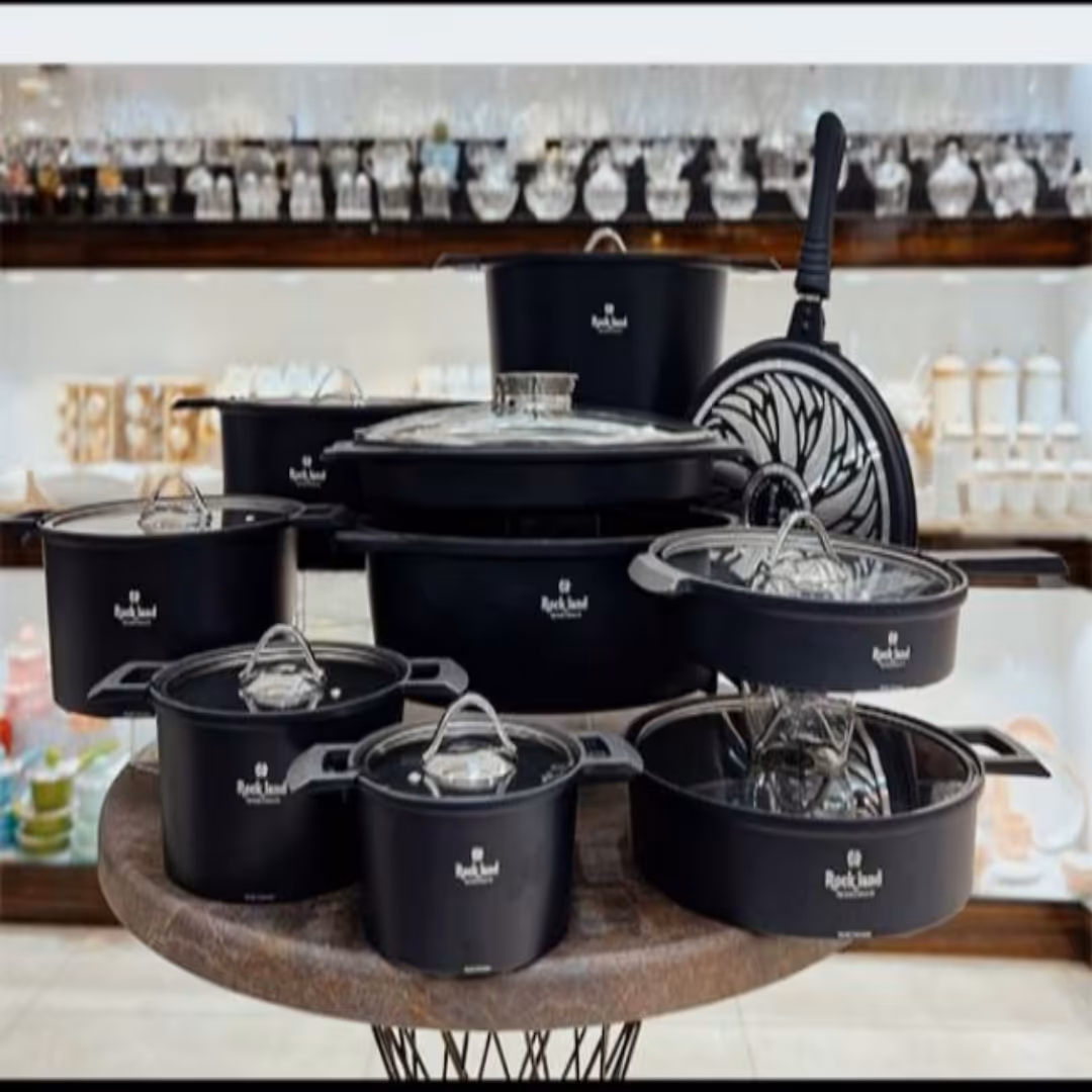 سرویس قابلمه راکلند سری آلمانی درجه یک 19پارچه با تابه مرغ و ماهی(مشکی)پس کرایه