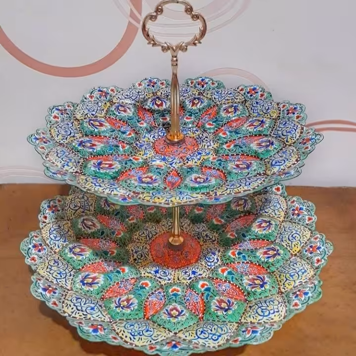 شیرینی خوری دوطبقه مینا کاری روی مس درسایز 30 سانت و25 سانت