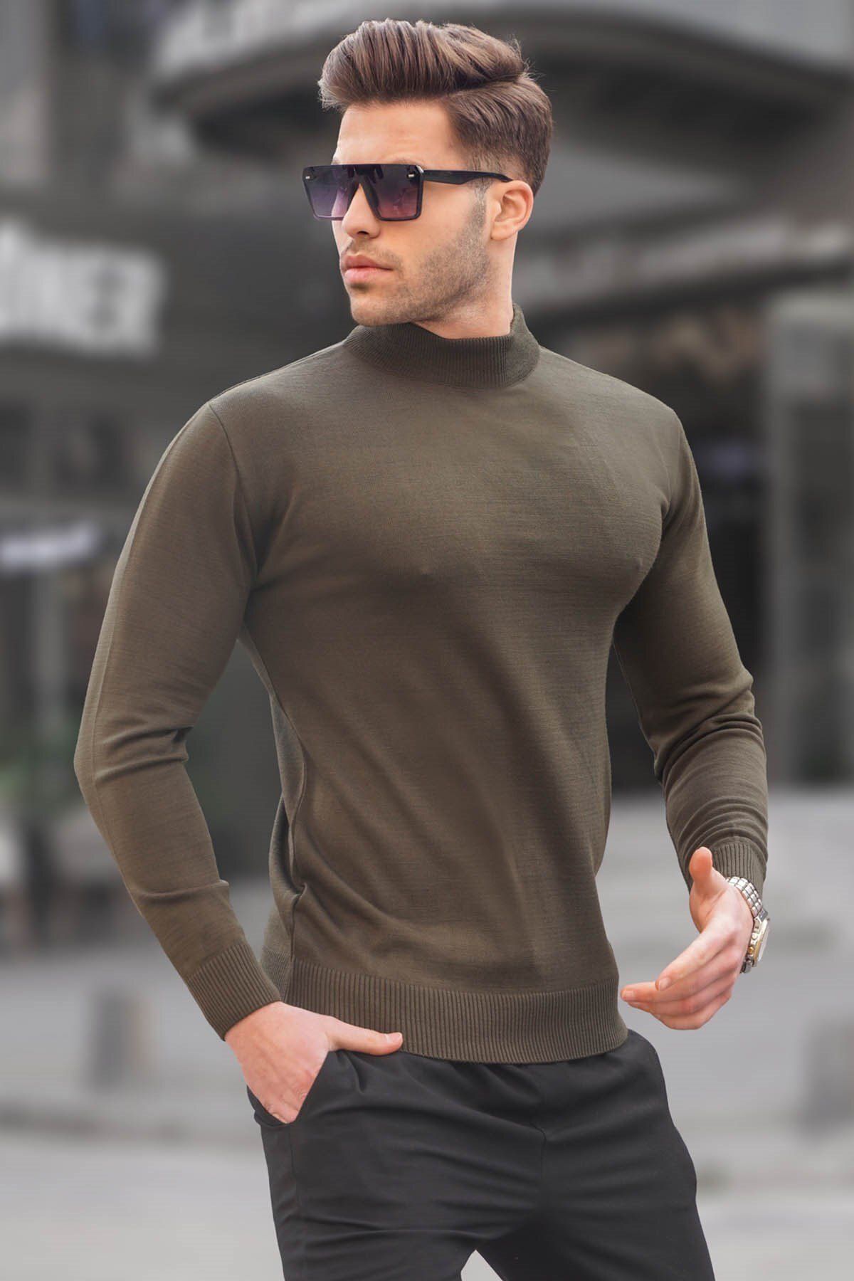 پلیور سبز مردانه ژاکت بافتنی نیم تنه یقه اسلیم فیت خاکی 6343 Madmext