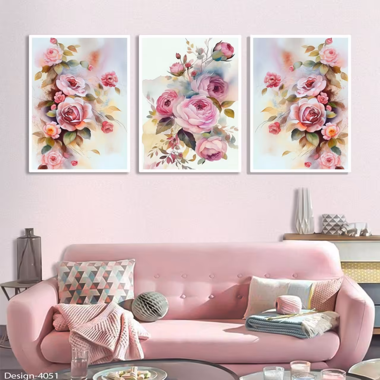 تابلو دکوراتیو مجموعه رز های نوستالژیک صورتی 3تیکه سایز 35 در 50