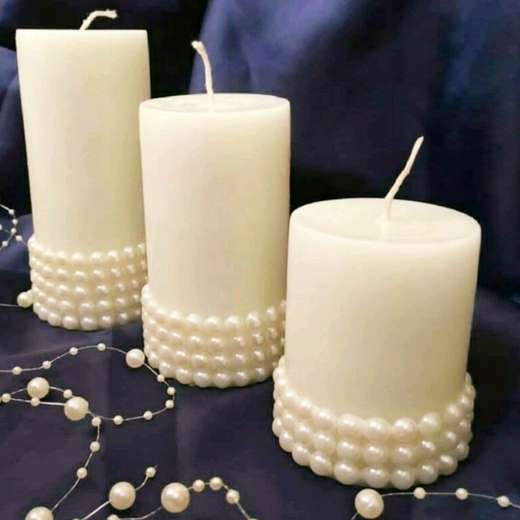 ست سه عددی شمع استوانه با تزئین مروارید در سه سایز 15 و 10 و 5 