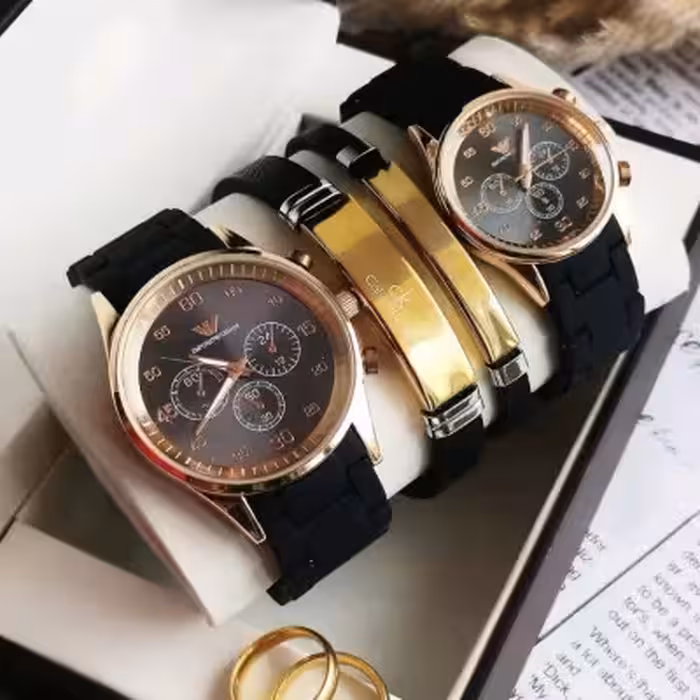 ست ساعت امپریوآرمانی مشکی قاب طلایی با دستبند و حلقه