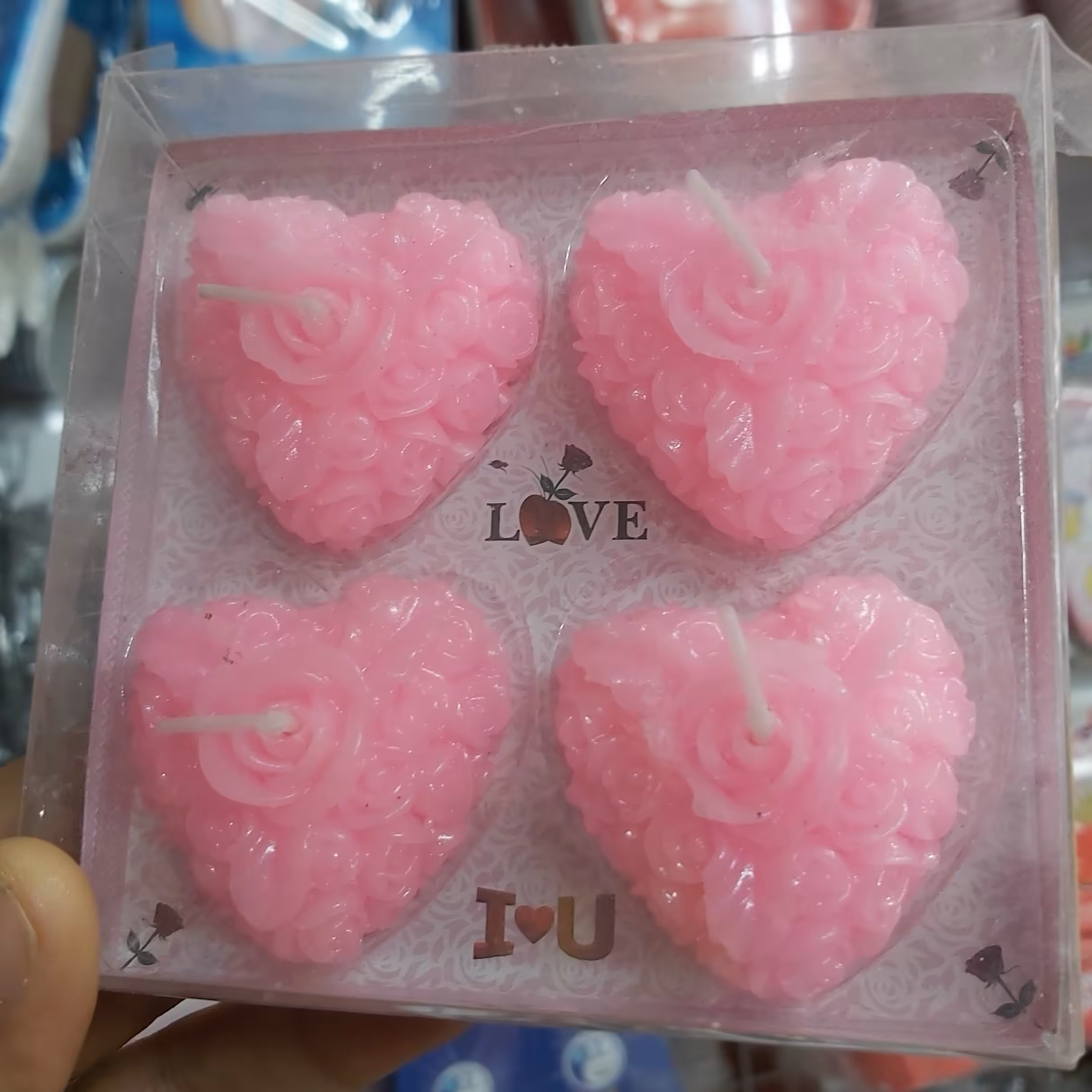 شمع فانتزی قلبی چینی چهار قلب با رنگ صورتی و گلهای شکوفه تزئین شده مناسب برای مجالس اعیانی 