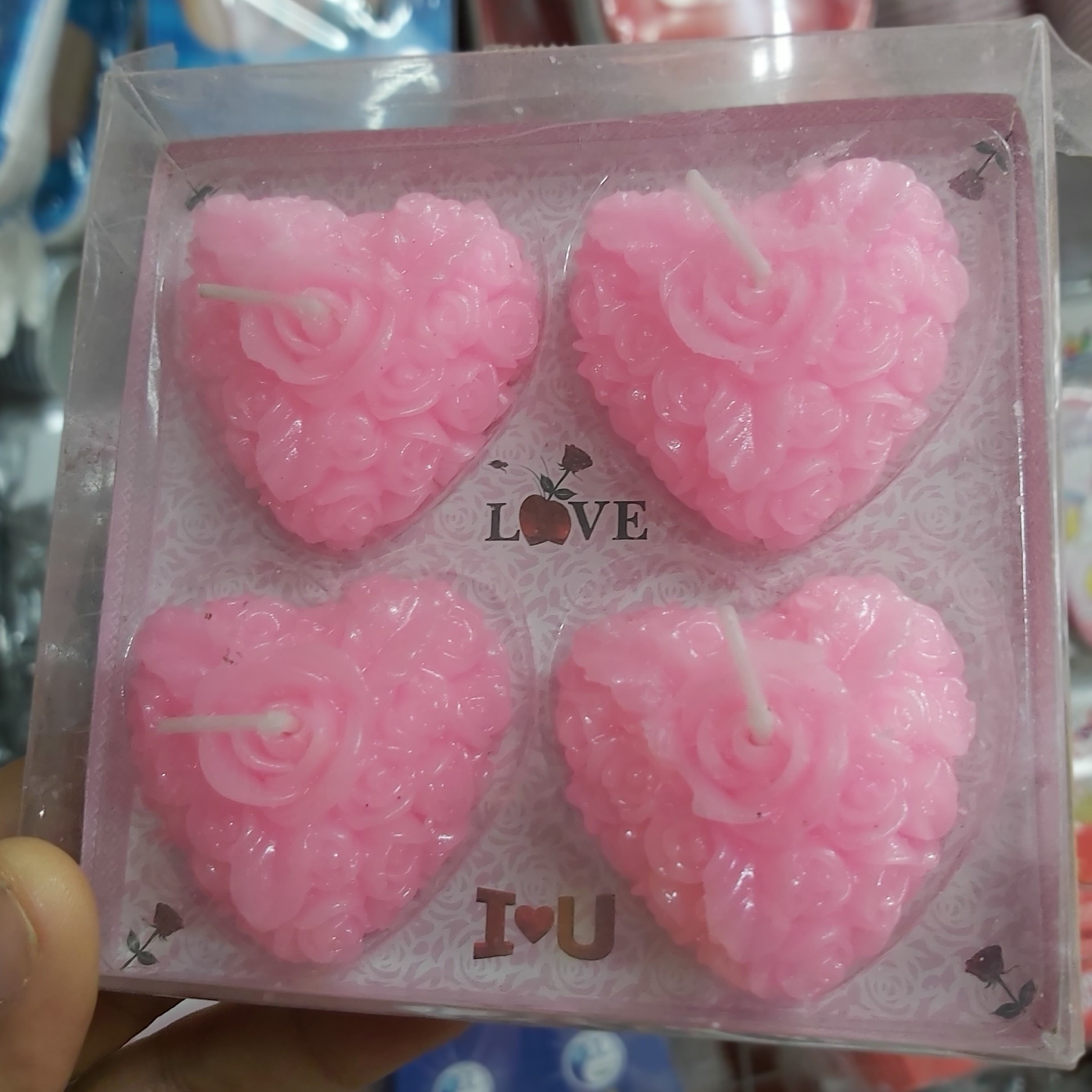 شمع فانتزی قلبی چینی چهار قلب با رنگ صورتی و گلهای شکوفه تزئین شده مناسب برای مجالس اعیانی 