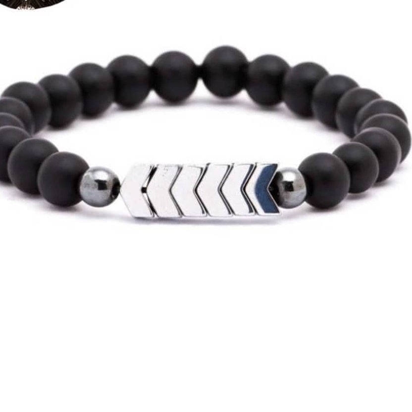 دستبند سنگ اونیکس مشکی و حدید گرد و حدید فلشی