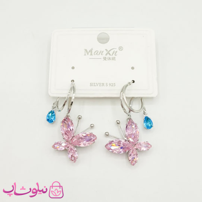 گوشواره دخترانه نقره ای طرح پروانه صورتی کد 1588