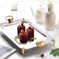 سینی چای مستطیل استیل دو رنگ نقره ای طلایی رامیسا دسته پافیلی مناسب برای 6 نفر 