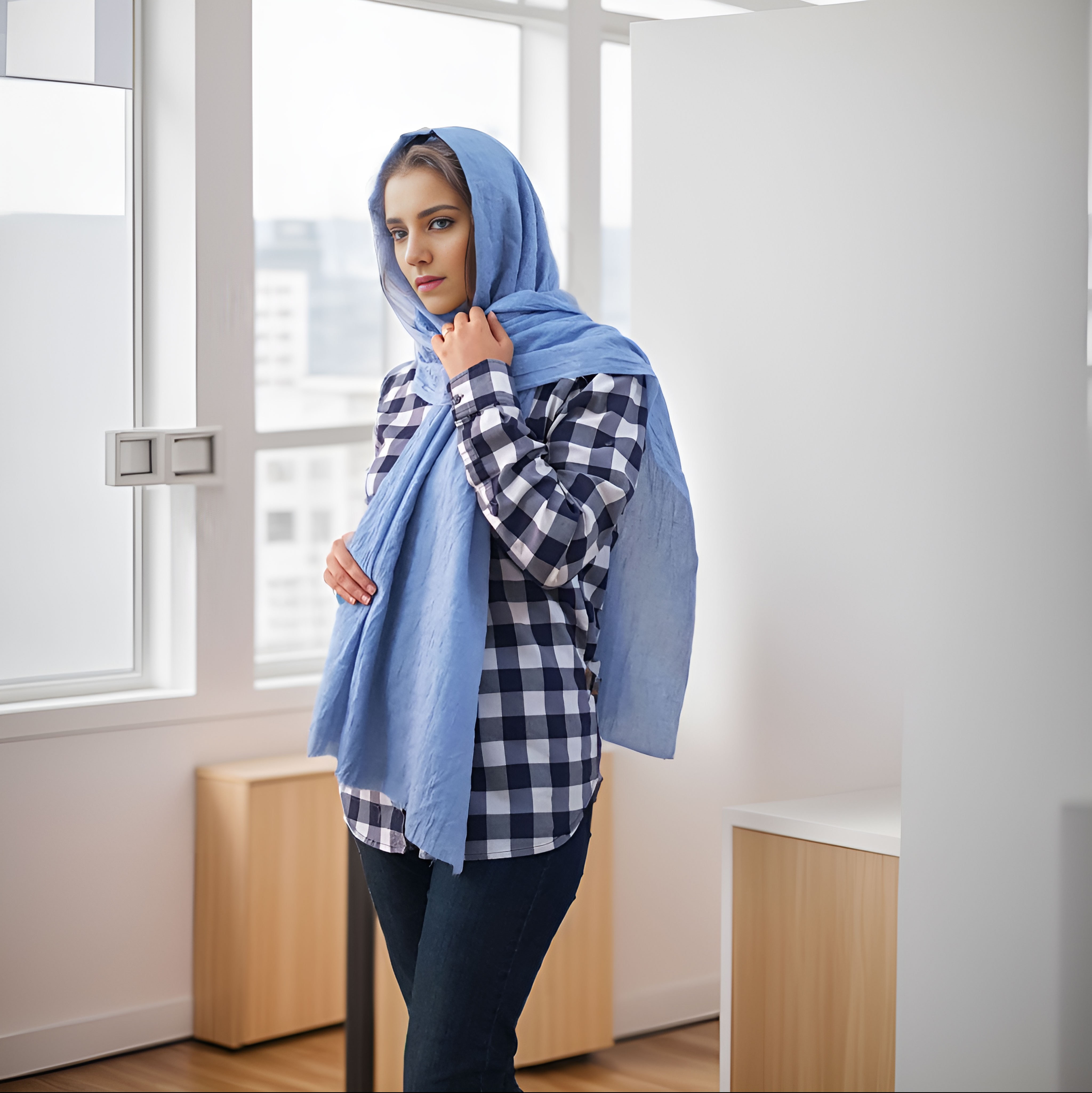 شال آبی آسمانی نخی ساده