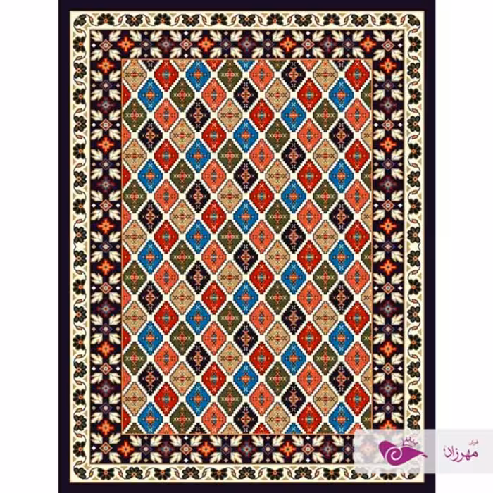 گلیم ماشینی یک در یک و نیم طرح ماتریس سرمه ای