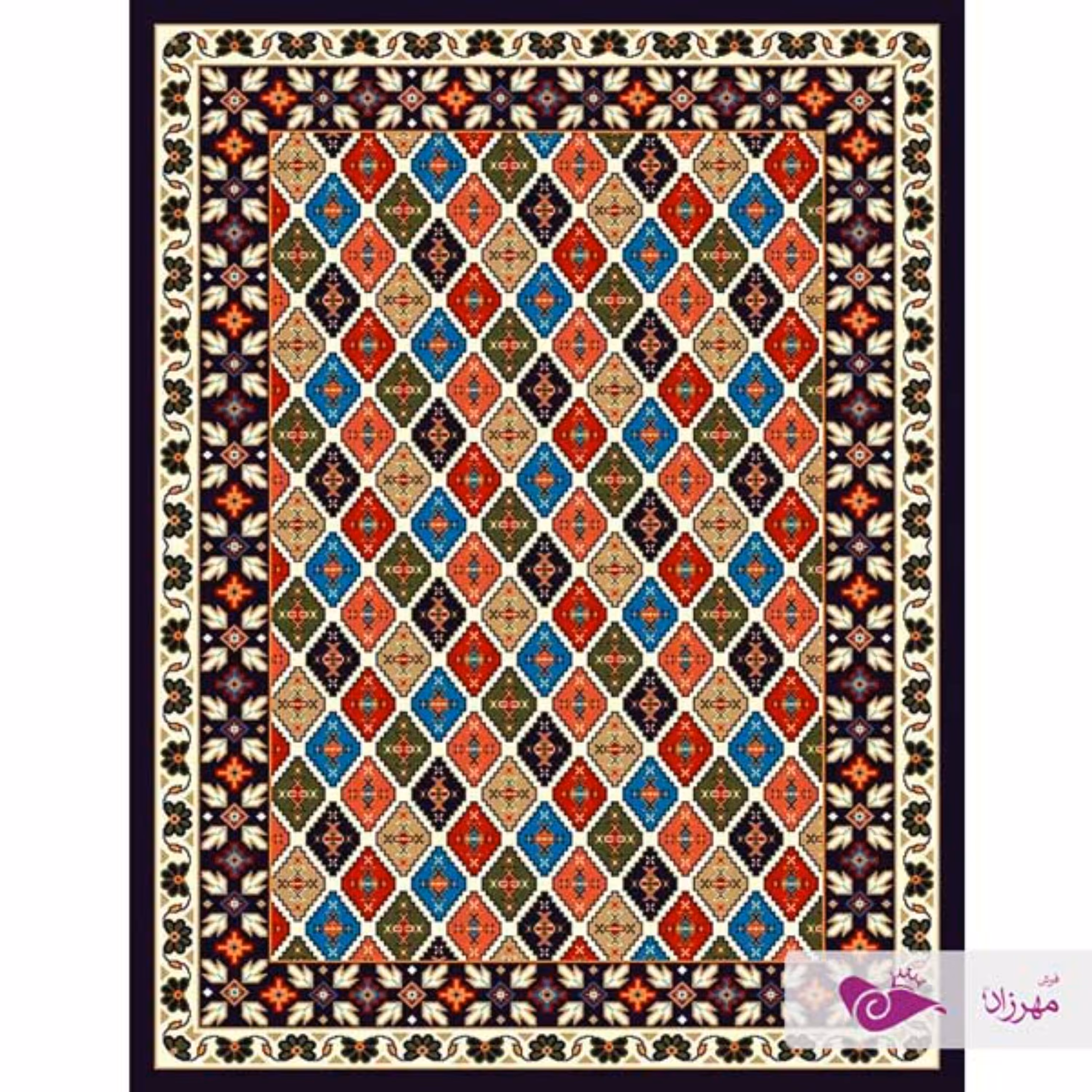 گلیم ماشینی یک در یک و نیم طرح ماتریس سرمه ای