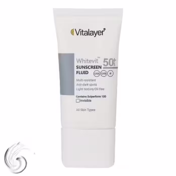 فلوئید ضد آفتاب بی‌رنگ ویتالیر SPF50 مدل Whitevit مناسب انواع پوست، حجم 50 میلی‌لیتر