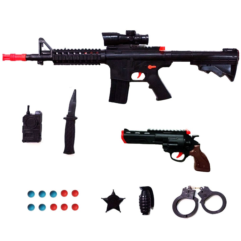 تفنگ بازی مجموعه 9 عددی شامل دو نوع تفنگ  و نارنجک و  دستبند و ... 