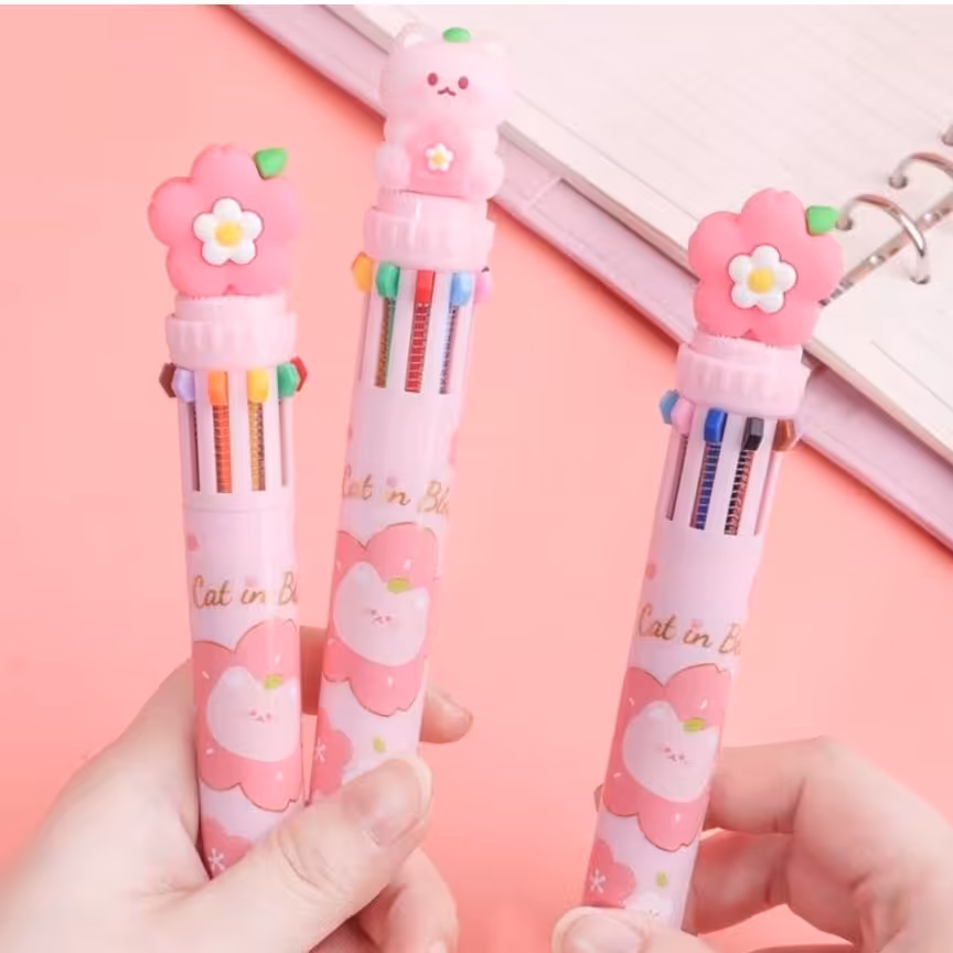 خودکار فشاری فانتزی  10 رنگ اورجینال kuki زرح گربه و شکوفه عروسک سیلیکونی  خودکار رنگی 