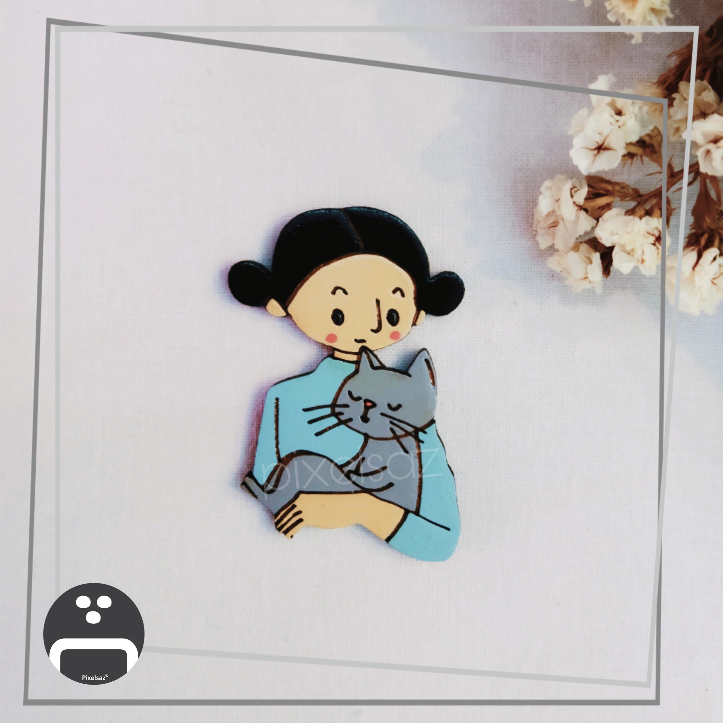 پیکسل ، مگنت ، استیکر طرح دختر و گربه پیکسل ساز/جنس چوبی و نقاشی شده و ضدآب/قطر5سانت