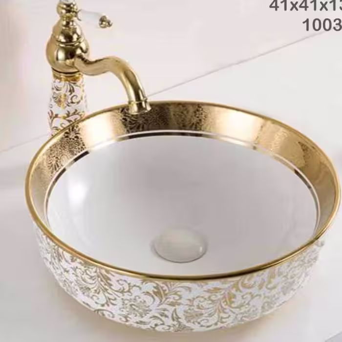 کاسه روشویی وارداتی سفید طلایی سرامیکی ارسال به سراسر ایران