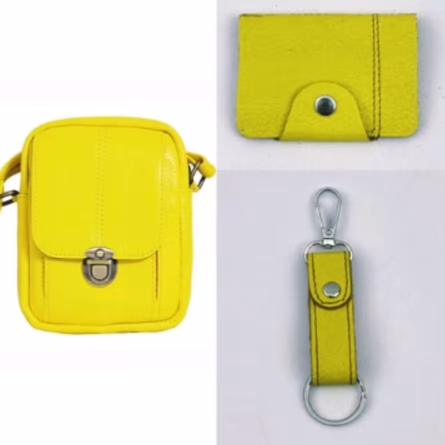 ست هدیه چرم طبیعی گاوی زیبا و شیک رنگ زرد و با جا سوئیچی. 