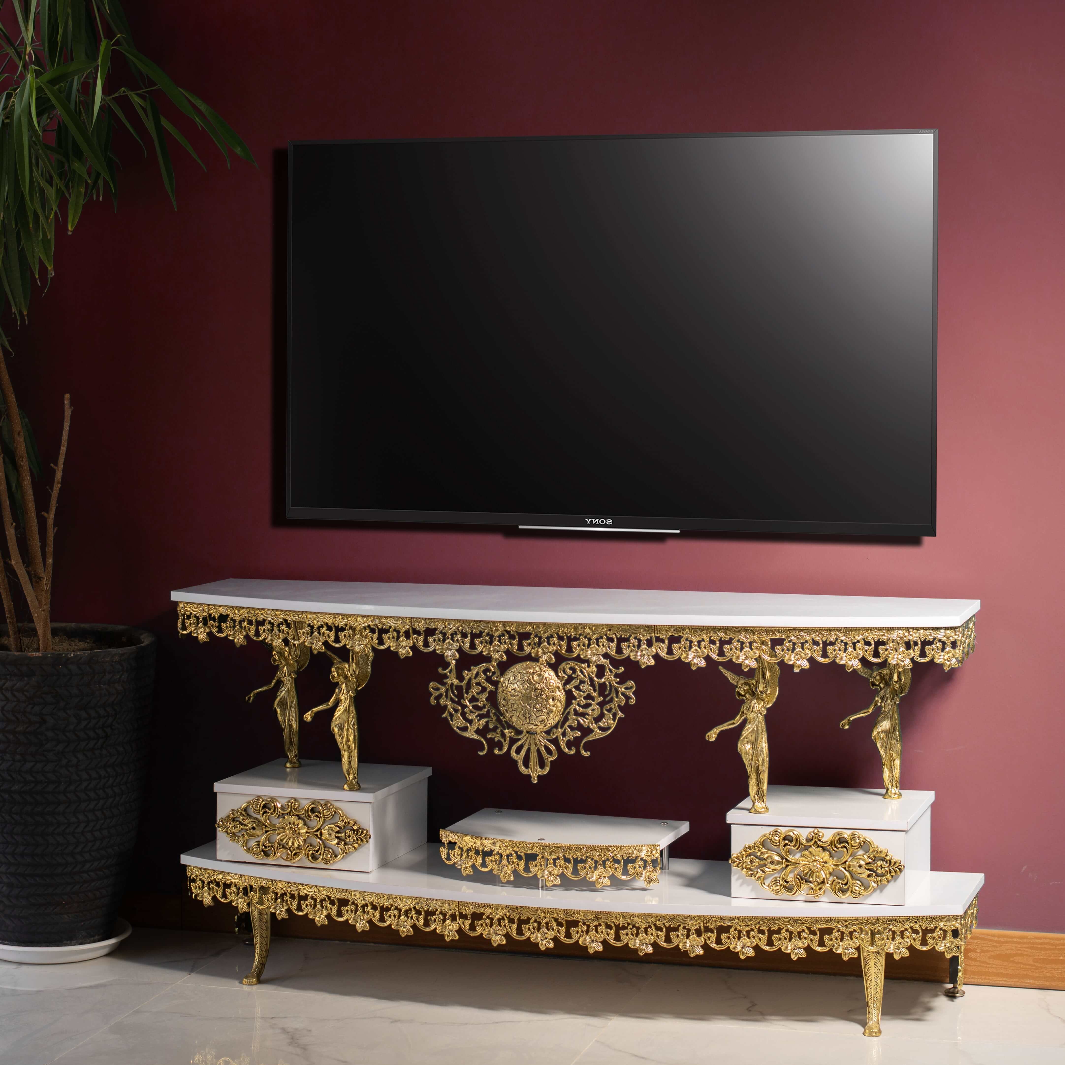 میز تلوزیون هلالی آپلوم دو کشو فوق العاده زیبا ترکیبی از بهترین آلیاژ و ام دی اف