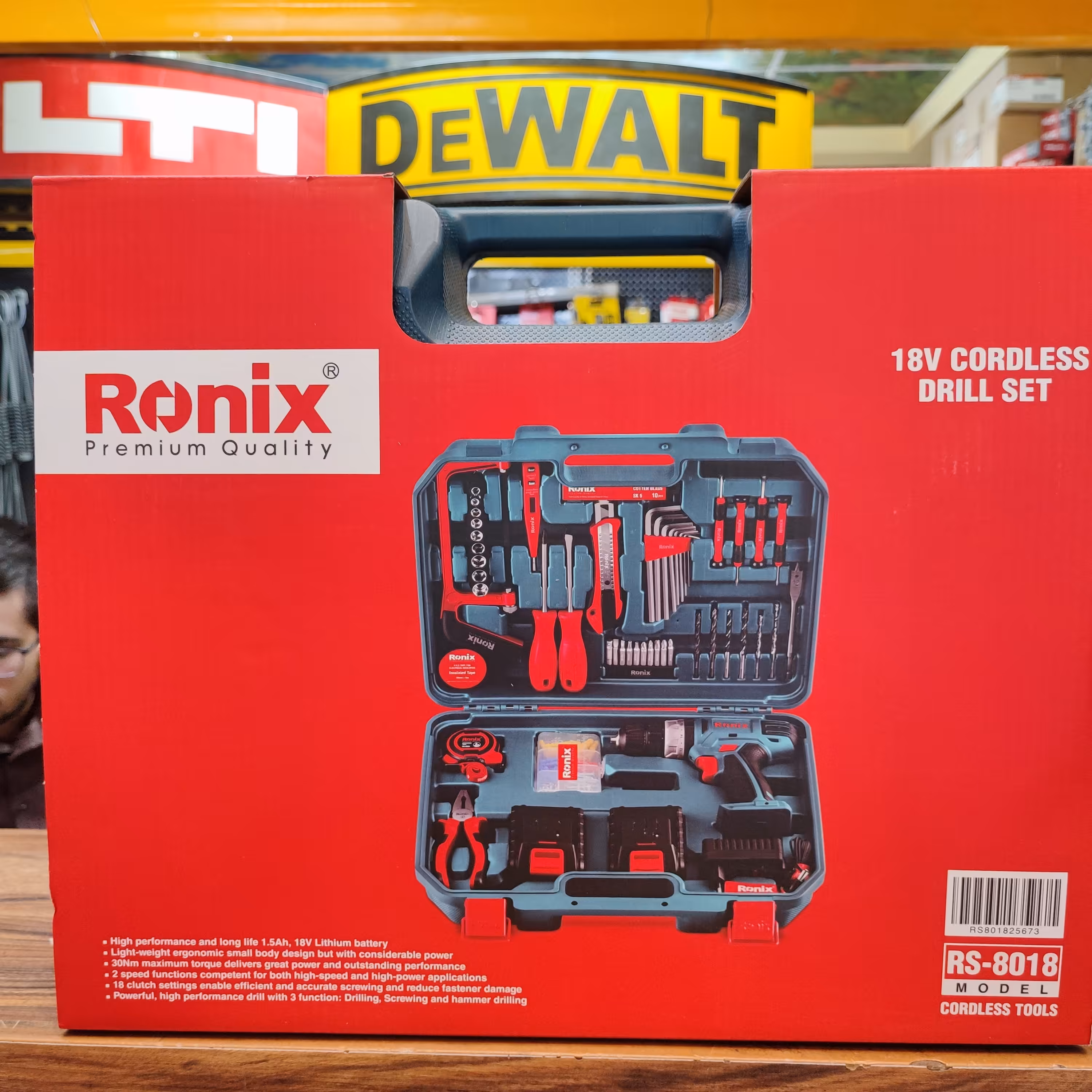 RS-8018  ست ترکیبی دریل چکشی شارژی 18 ولت دو باتری رونیکس 53 پارچه