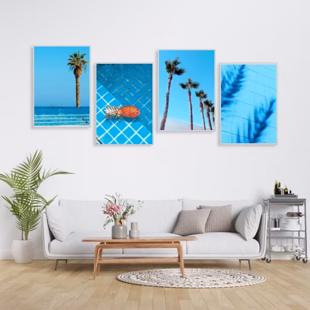 تابلو دکوراتیو درخت نخل وآناناس رنگ آبی چهار تکه