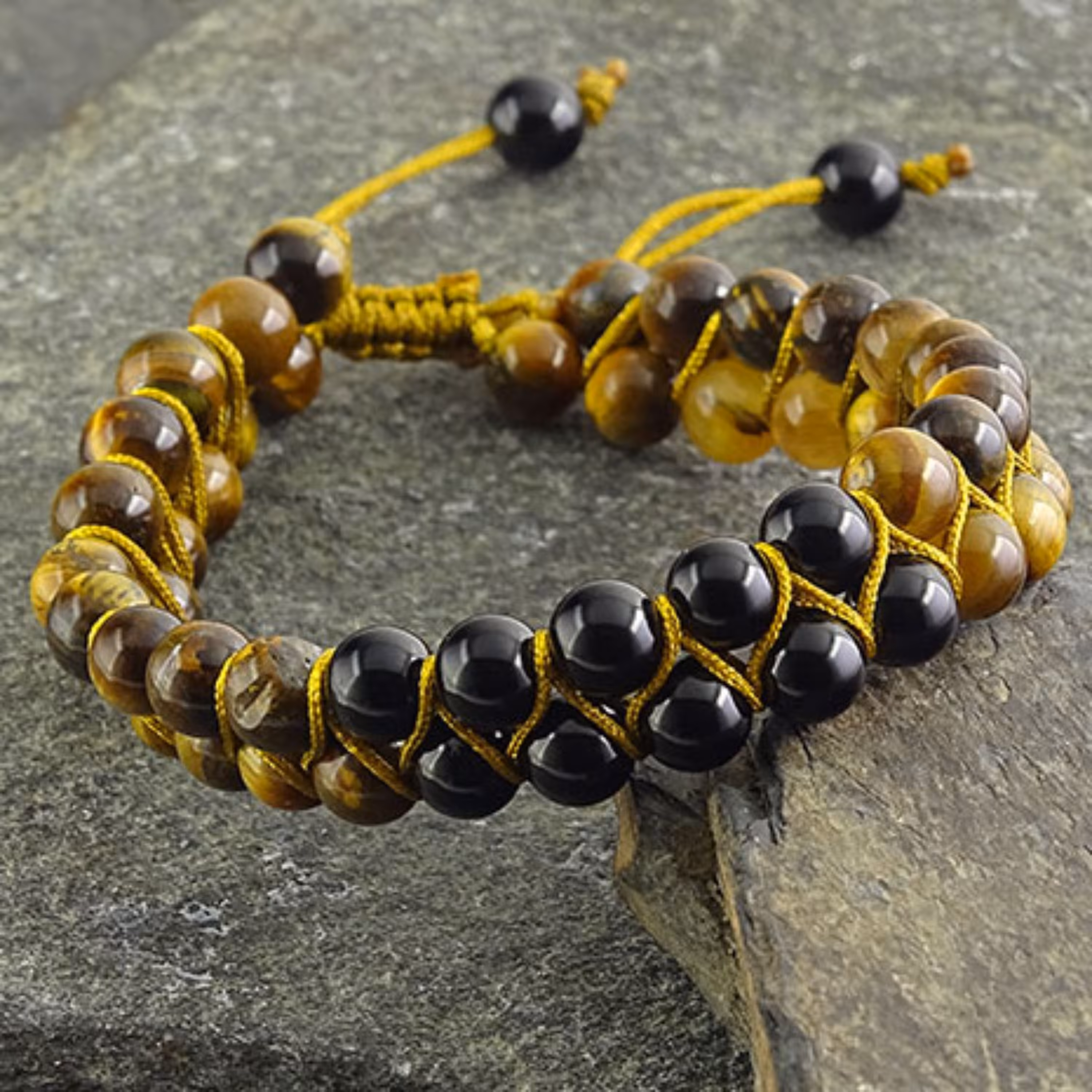 دستبند سنگ طبیعی سنگ چشم ببر و عقیق سیاه