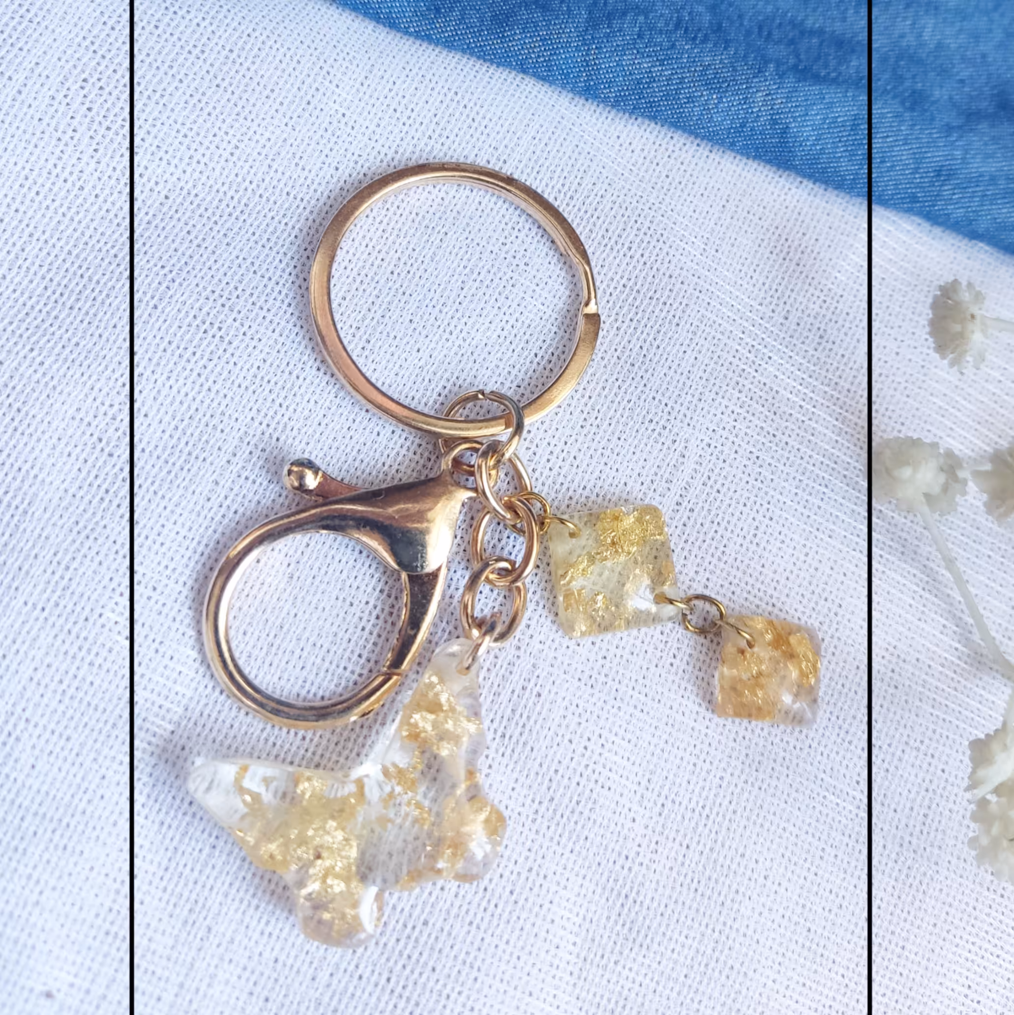 جاکلیدی یا آویز ماشین رزینی پروانه با ورق طلا و رزین شفاف 