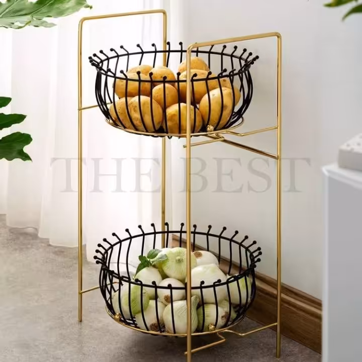 سبد سیب زمینی و پیاز فلزی دو طبقه رنگ ثابت کوره ای ترکیب مشکی و طلایی 