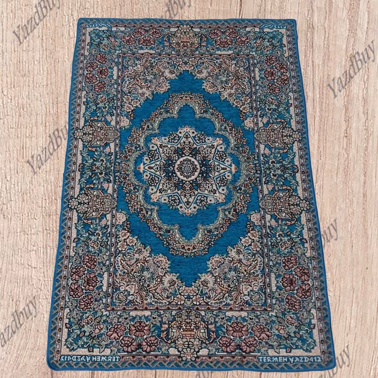 روفرشی مخمل زرکدار 1.5 متری رنگ سبزآبی طرح حوض نقره مدل ستاره ای