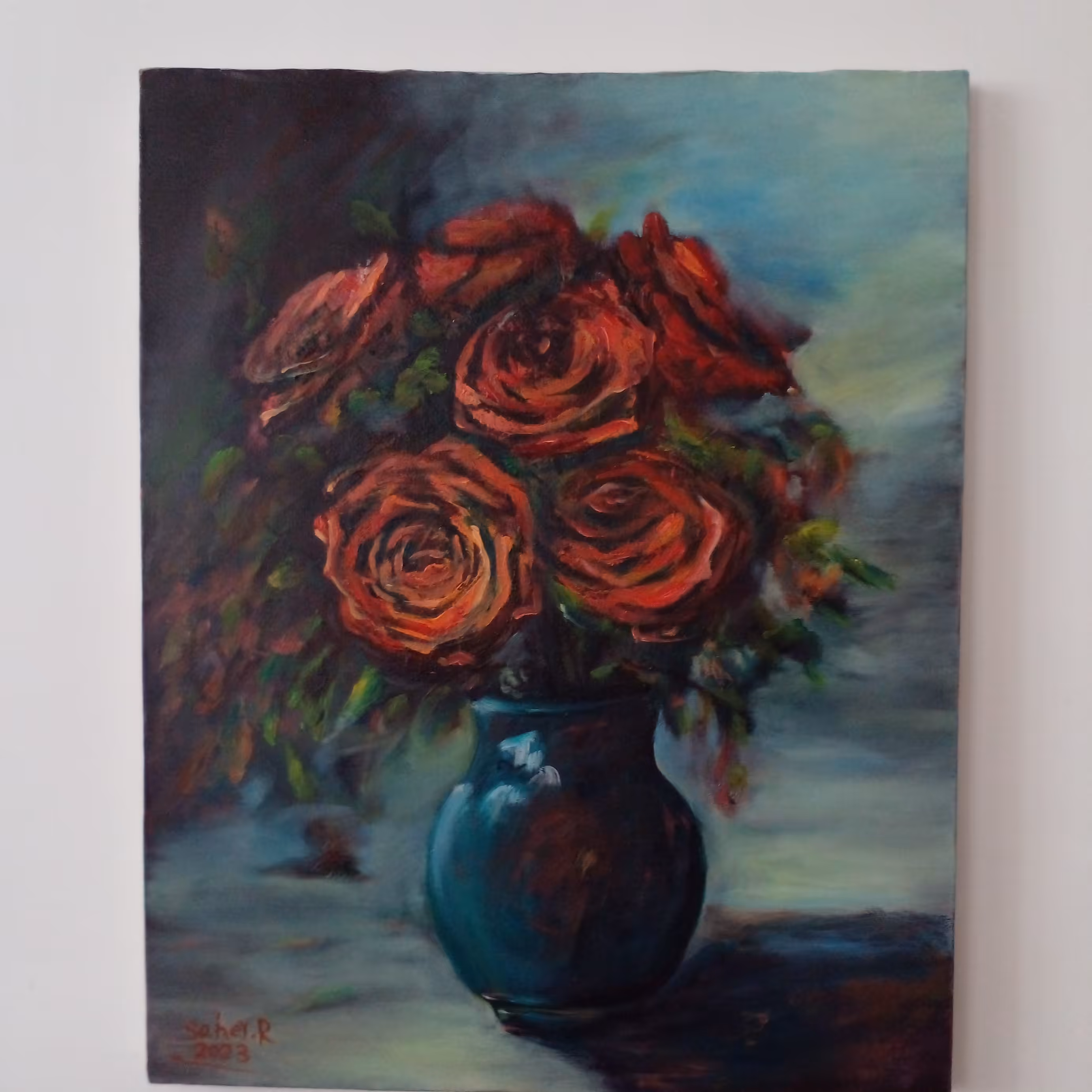 نقاشی رنگ روغن روی بوم پارچه ای  گلدان گل رز قرمز بدون قاب 30در40 اورژینال سبک امپرسیونیسم 