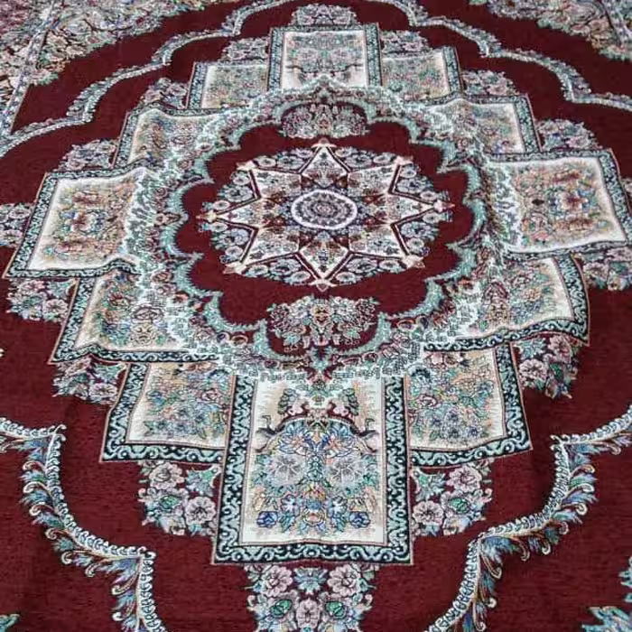 روفرشی 12 متری مخمل زرکدار زرشکی طرح حوض نقره مدل ستاره ای