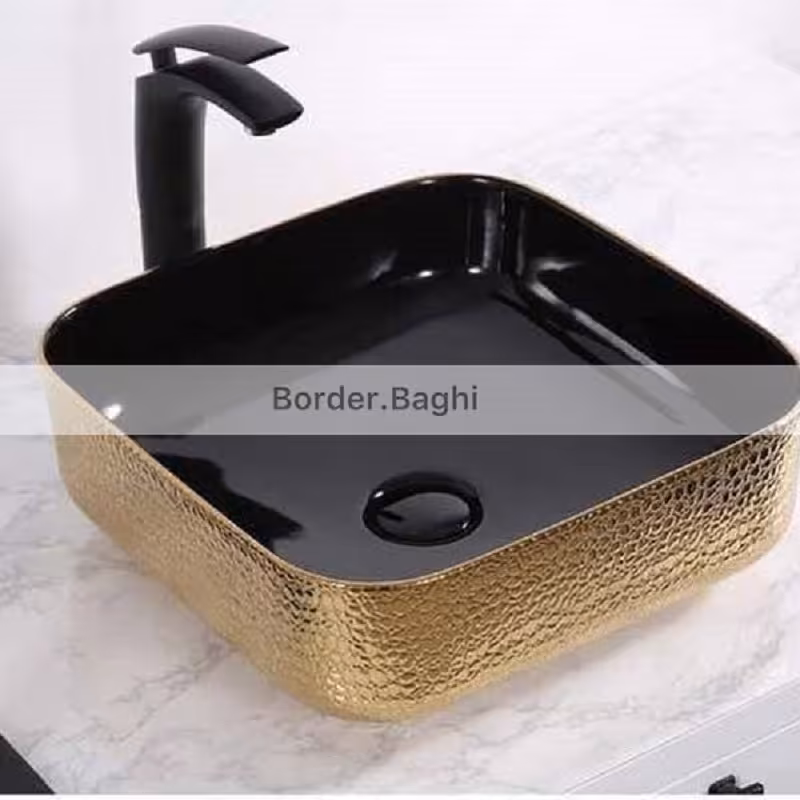 کاسه روشویی  مدل طلایی مشکی پوست ماری مربع