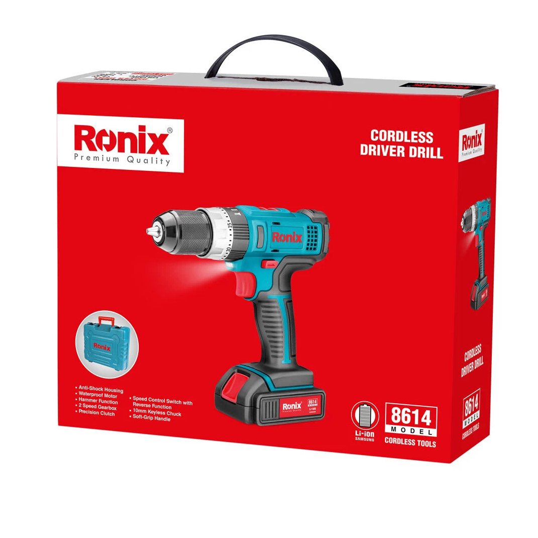  دریل پیچگوشتی شارژی 8614  رونیکس  14 ولت ضد ضربه ضد آب با باتری سامسونگ کره