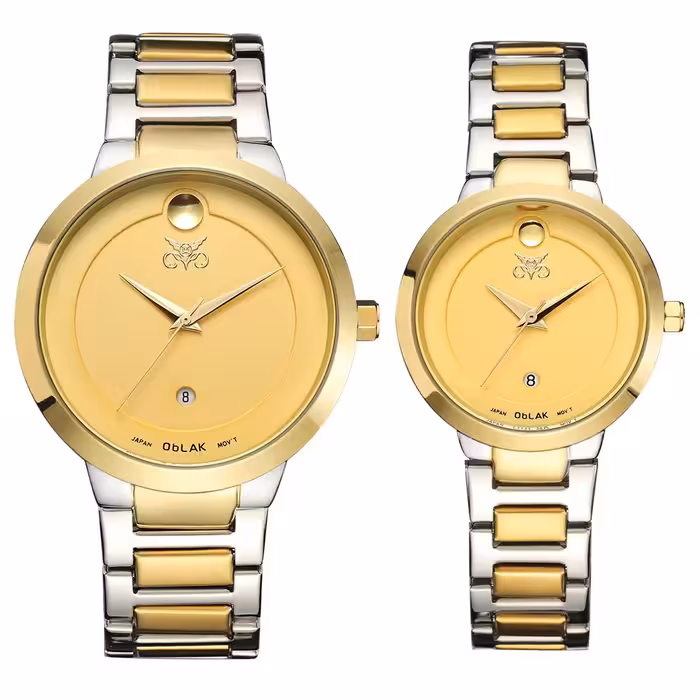 ست ساعت مچی زنانه و مردانه اوبلاک مدل 72694 تقویم دار  رنگ دو رنگ صفحه زرد 