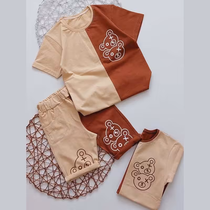 تیشرت شلوارک تدی جذاب کرم شکلاتی اسپرت پسرانه و دخترانه در دو طرح و 4 سایز 