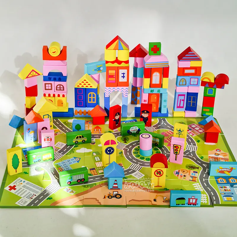 اسباب بازی ساختنی بلوک چوبی 140 تکه مدل ترافیک شهری کد 1038