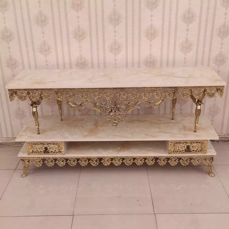 میز تلویزیون برنز مدل گل رز ستون فرشته صفحه هایگلاس طرح سنگ جدید طول 140 کد 9501