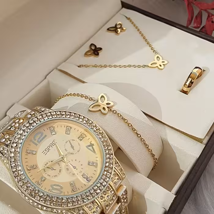 ست ساعت اسپریت دارای دستبند وگردنبند وگوشواره وحلقه شهرساعت نگین مشهد