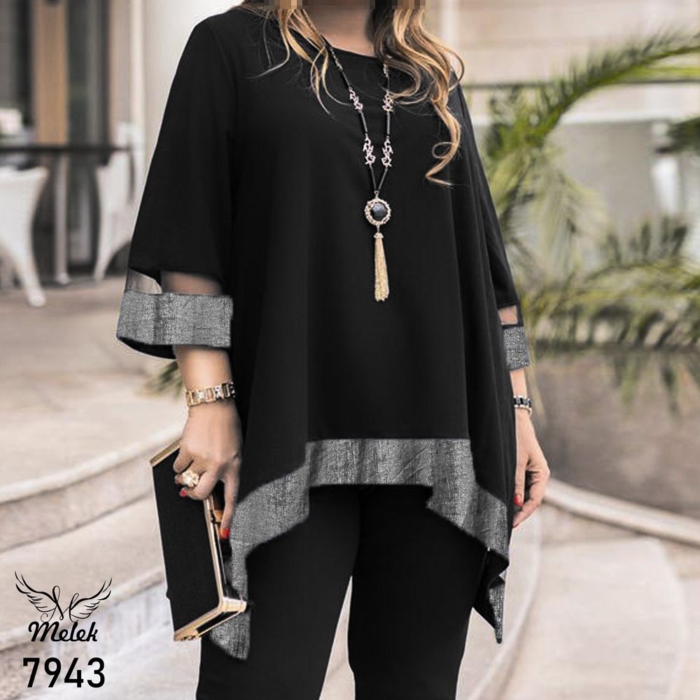 تونیک مجلسی یقه گرد آستین سه ربع دامن هلالی سایز بزرگ 7943