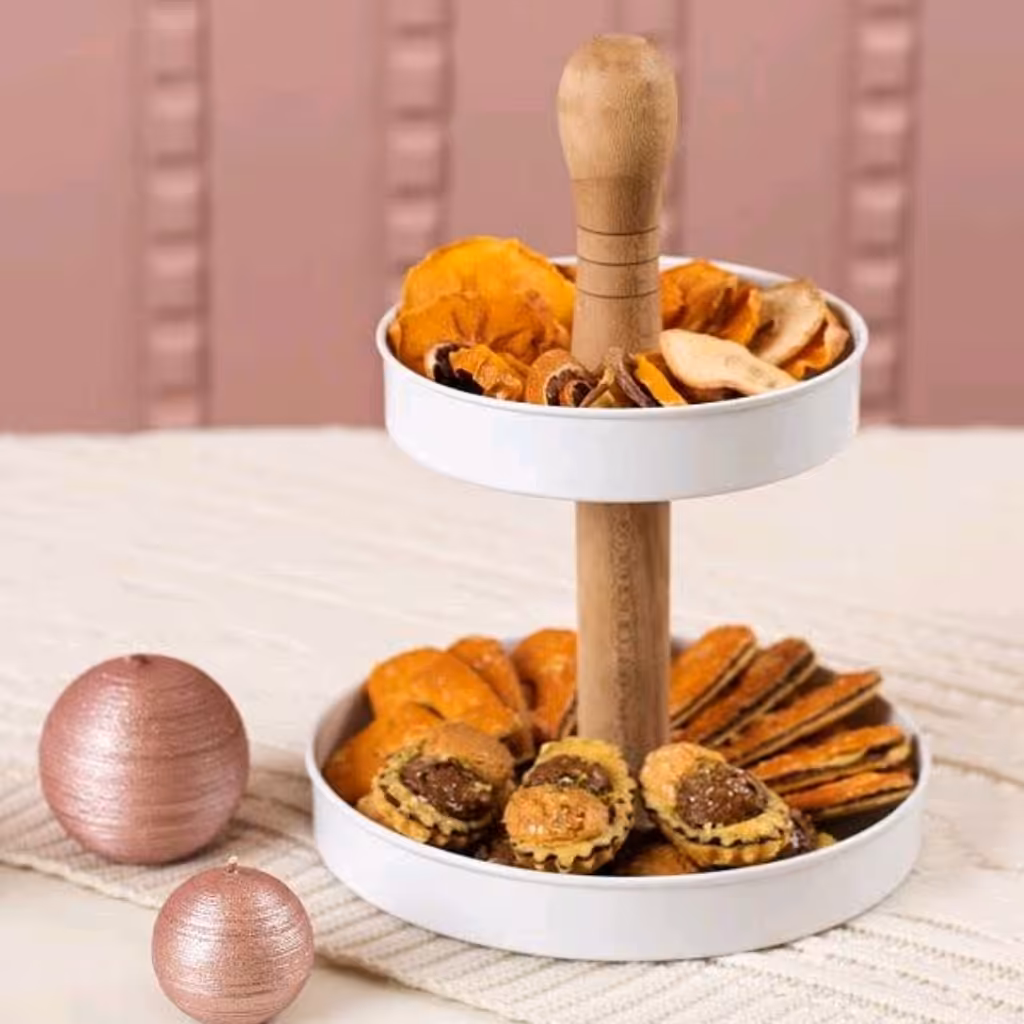 شیرینی خوری دو طبقه فلزی پایه چوبی