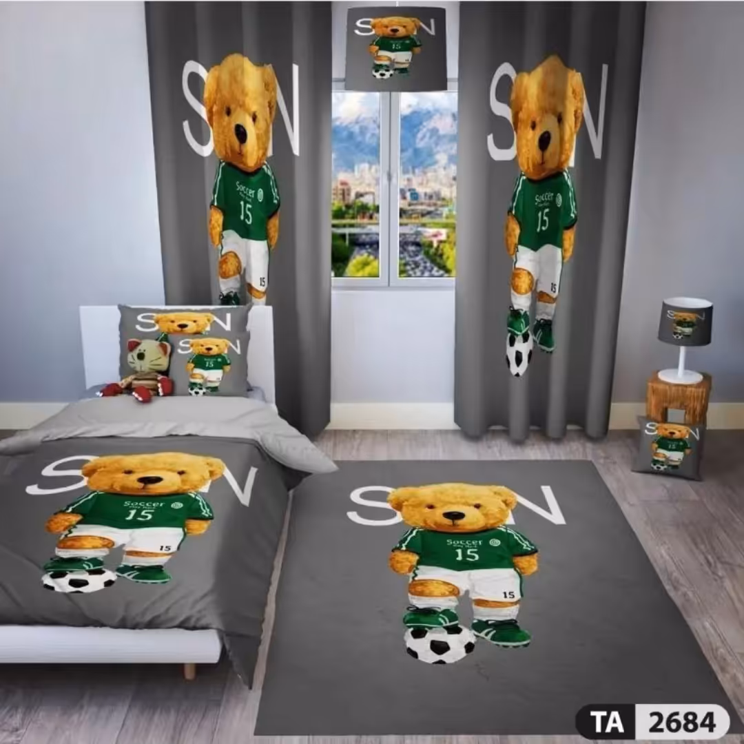 ست اتاق کودک پسرونه طرح تدی فوتبالیست روتختی و فرشینه .یک پنل پرده(پس کرایه)