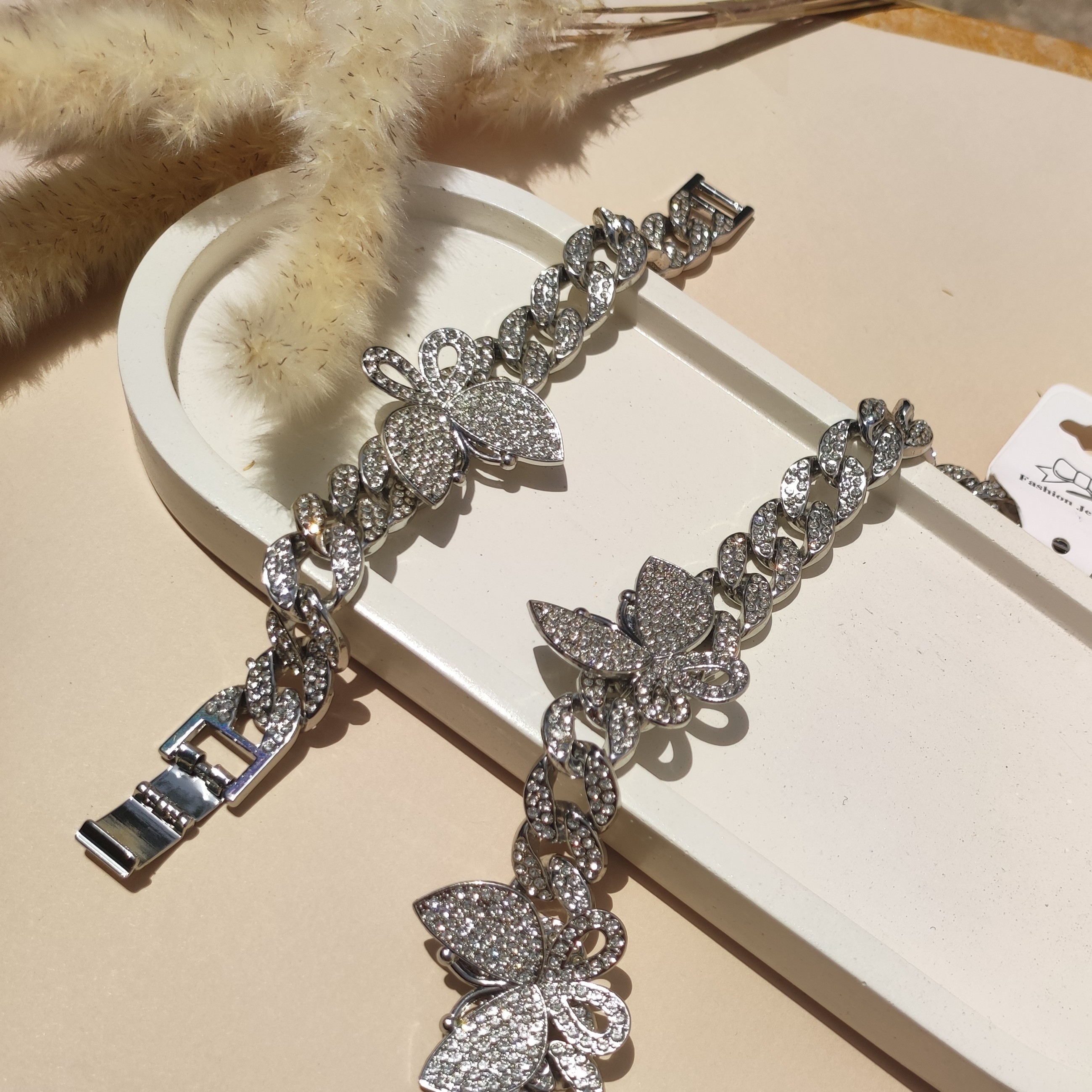 دستبند پروانه فول نگین طلایی و نقره ای 